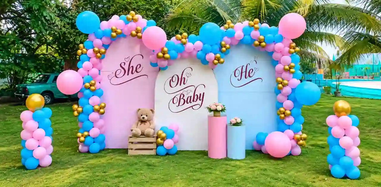 balloon decoration He or She Oh Baby” Baby Shower Backdrop